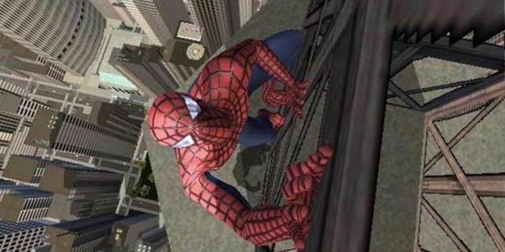 An image of Spider Man climbing a tower in the Spider Man 2 game