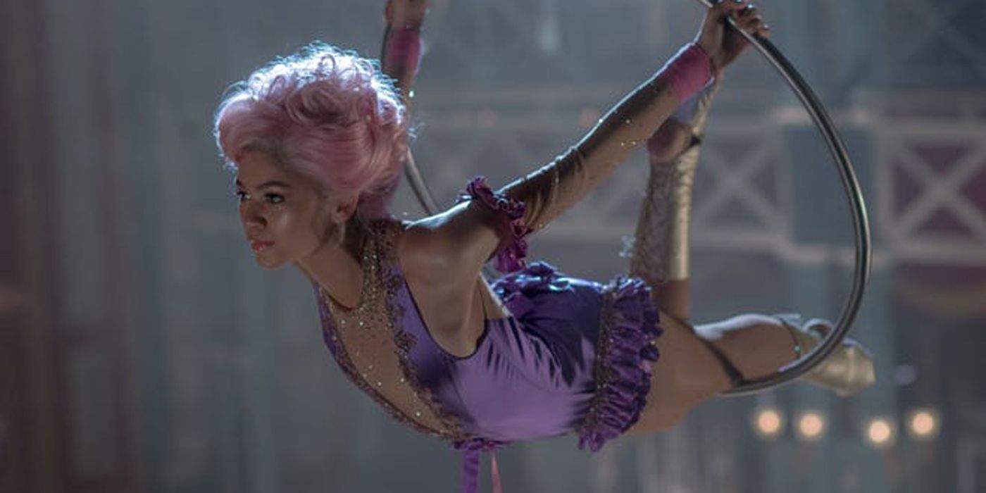 Anne on a trapeze in The Greatest Showman