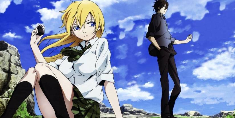 A young girl gives side eye to a young man standing behind her in Btooom!