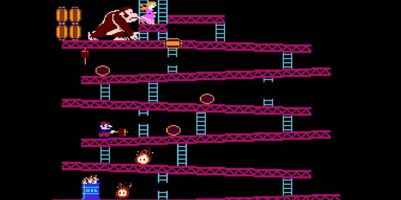 Donkey Kong joga barris em Mario no jogo de 1981
