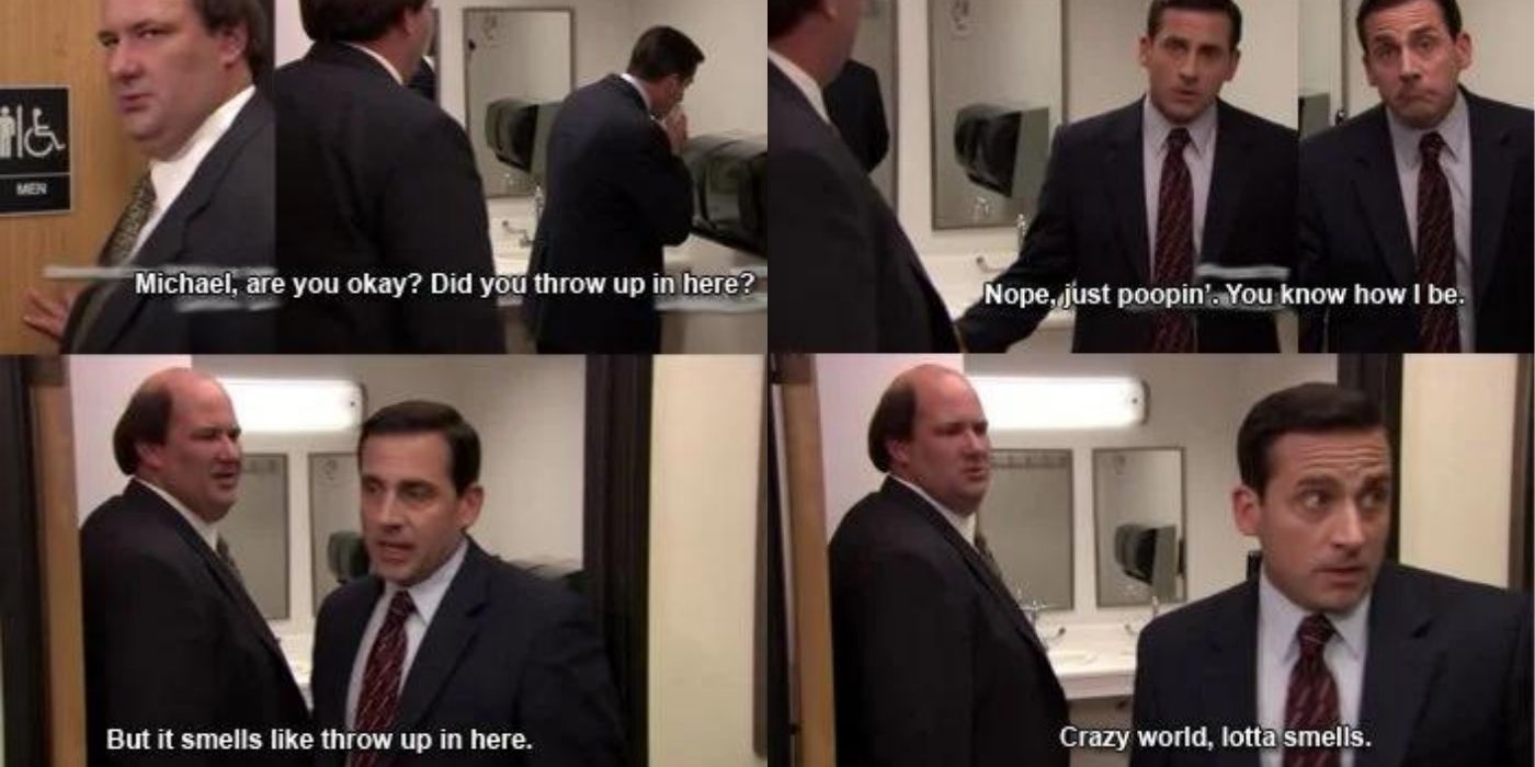 Four images of Kevin and Michael talking in the bathroom at Dunder Mifflin on The Office