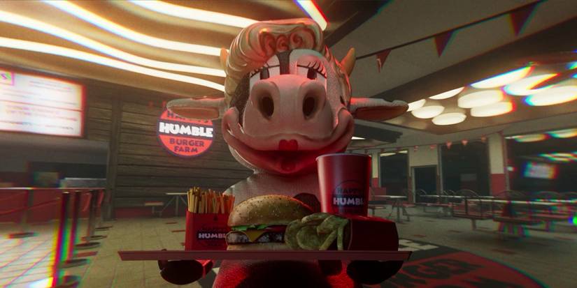 A cow person delivers a burger order in Happy's Humble Burger Farm.