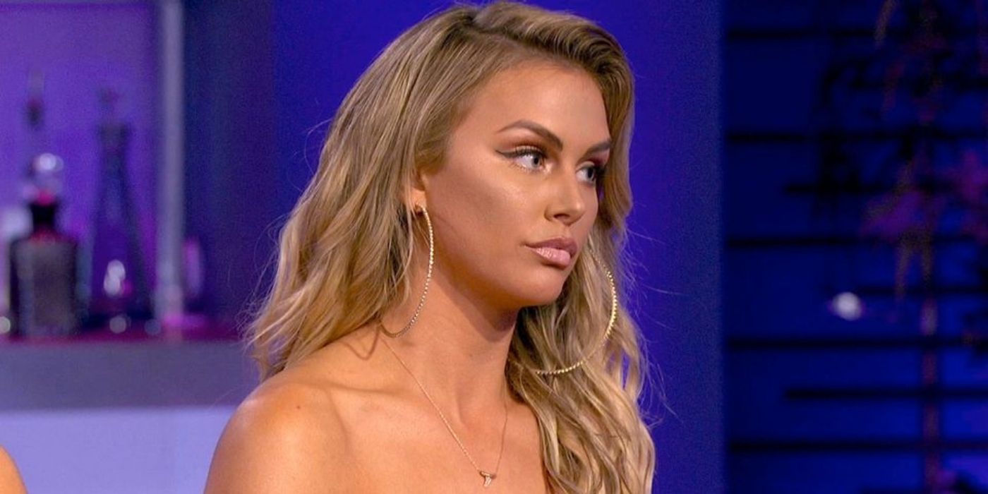 Lala Kent listening to someone speak on Vanderpump Rules reunion