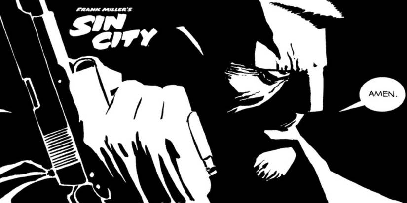 Marv holding a black and white weapon weapon for Sin City