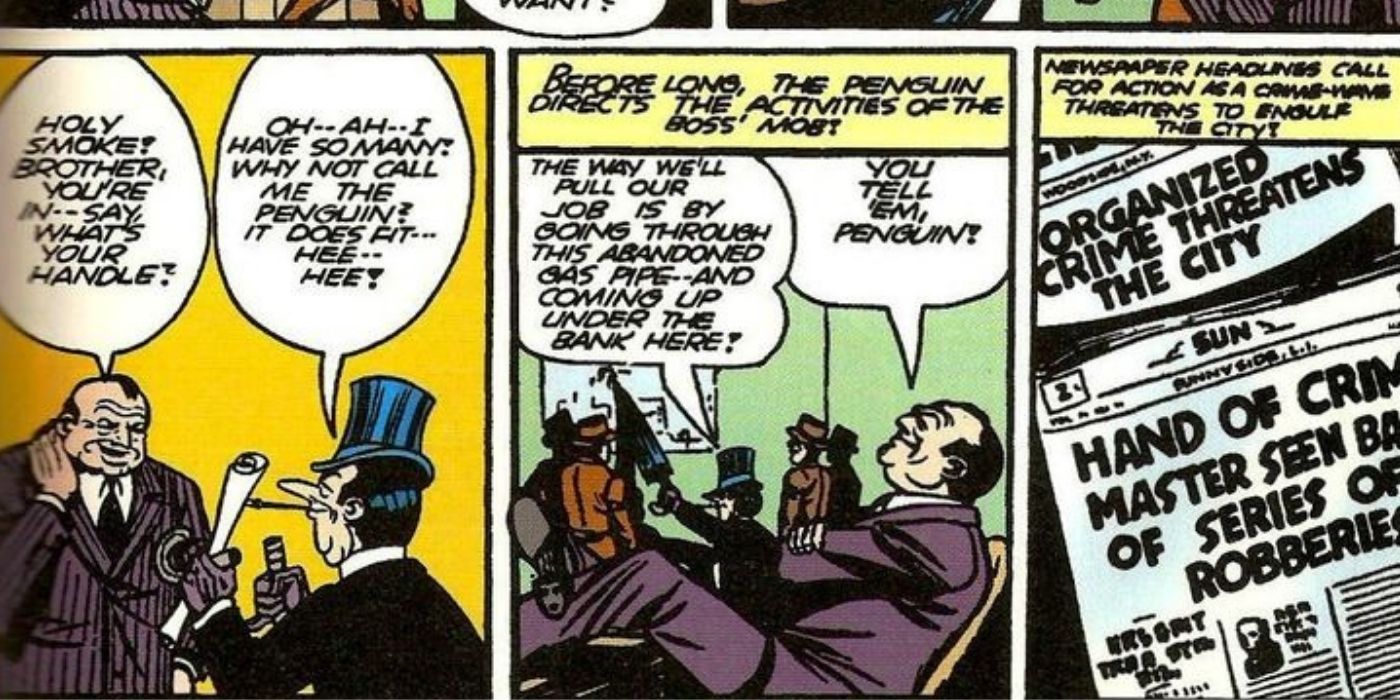 Penguin stealing paintings and hiding the canvas in his umbrella in Detective Comics