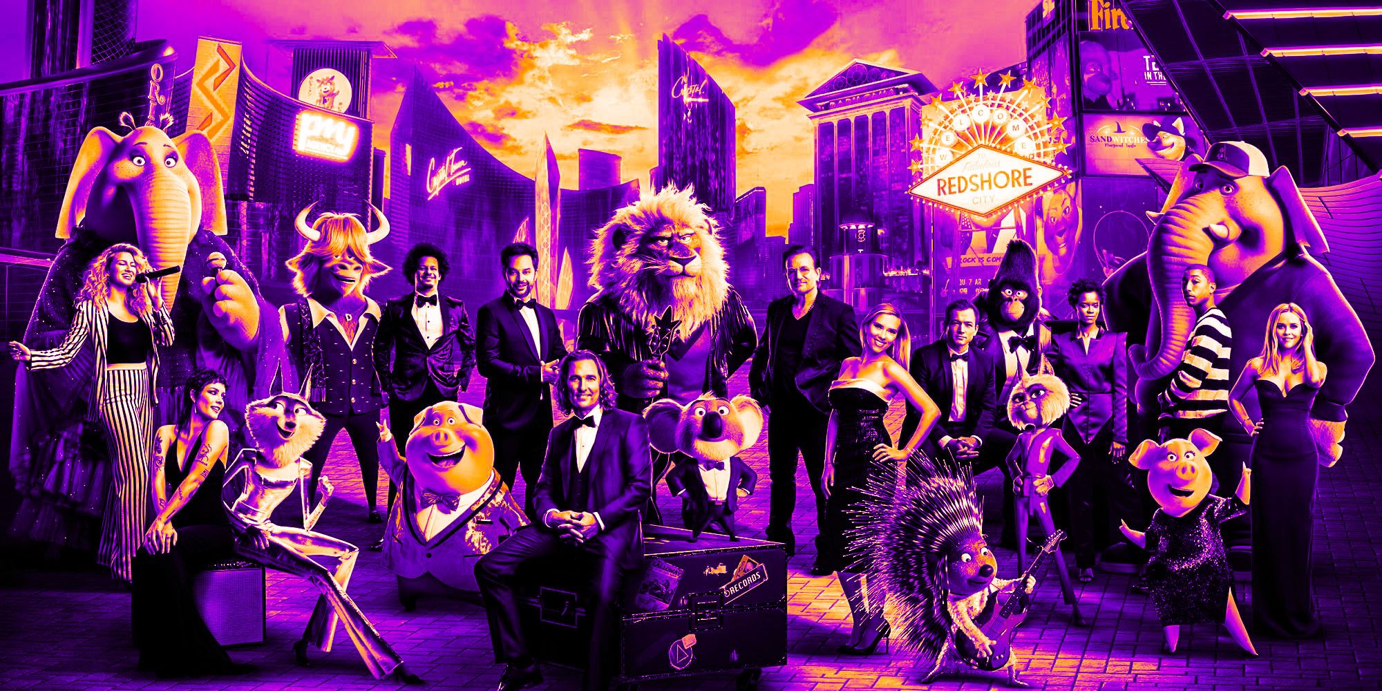 Фотографии актеров из Sing 2, стоящие рядом со своими анимированными персонажами