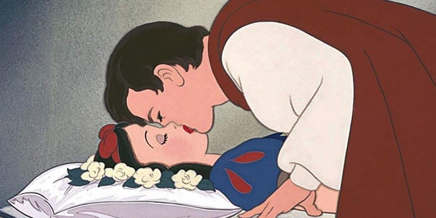 The prince deliver's true love's kiss to awaken Snow White in the Disney Classic