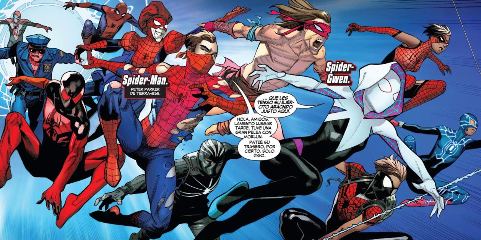 Spider Gwen leading an army of Spider People into battle in Spider Geddon
