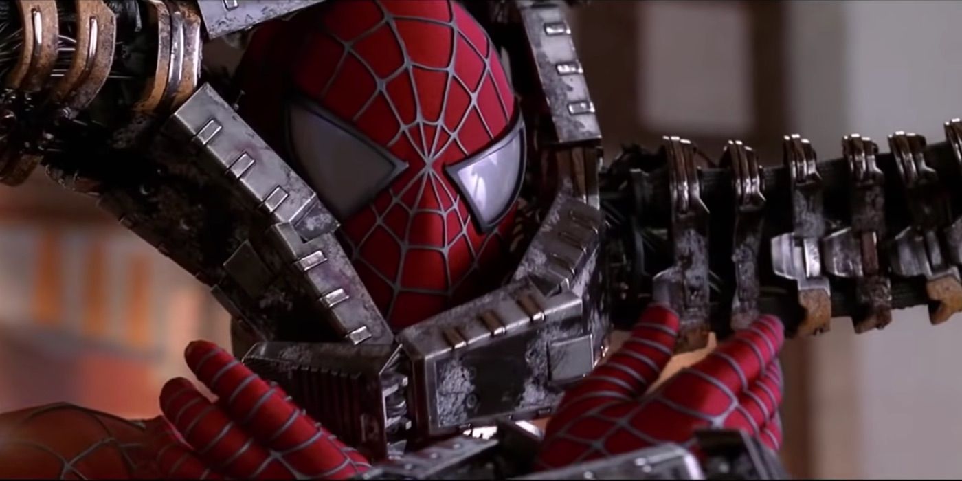 Spider Man trapped in Doc Ocks mechanical limbs in Spider Man 2