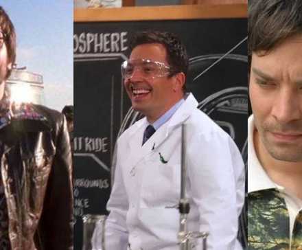 Разделенные изображения Джимми Фаллона в фильмах Almost Famous, Jurassic World и The Year of Getting to Know Us.