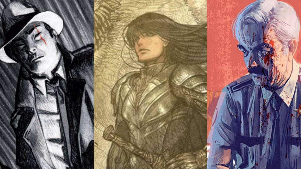 Split image of illustrations from The Good Asian, Monstress, and That Texas Blood