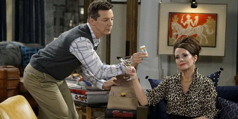 Jack offering a bottle of pills to Karen in Will & Grace