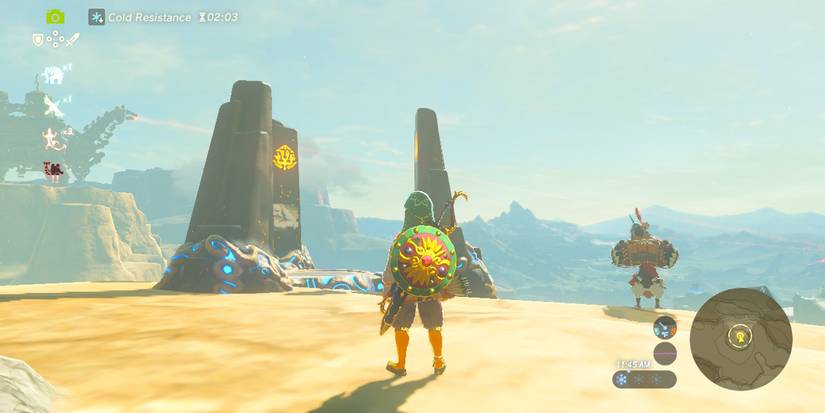 Link standing at the Urbosa Trials in BOTW during the daytime