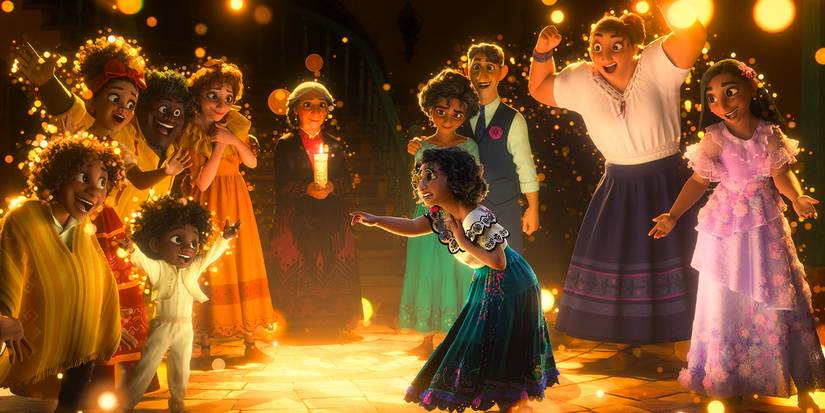 Maribel looking at Antonio and the Madrigal family gathered in Encanto