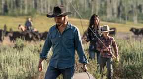 Kayce leading the way in the prairie, with Monica and Tate following in Yellowstone