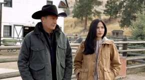 John (Kevin Costner) and Monica (Kelsey Asbille) standing together in Yellowstone