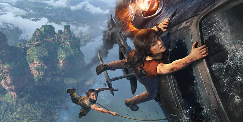 Artwork of Chloe and Nadine holding onto the outside of a helicopter as it crashes.