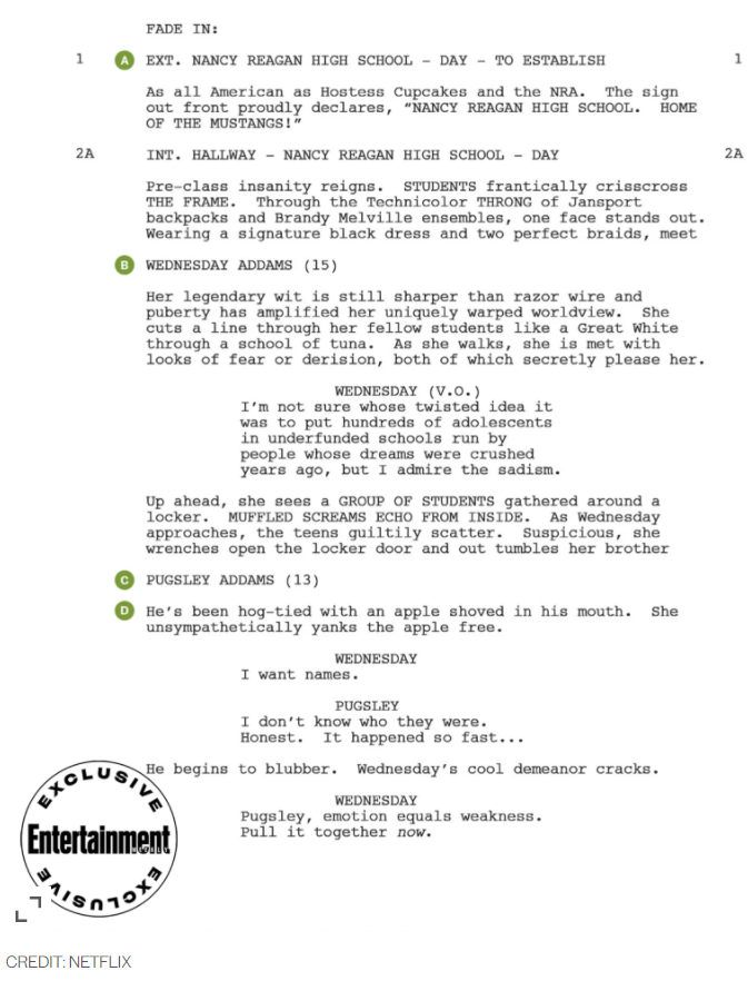 Tim Burtons Wednesday Addams Show Script Page Available To Read Online
