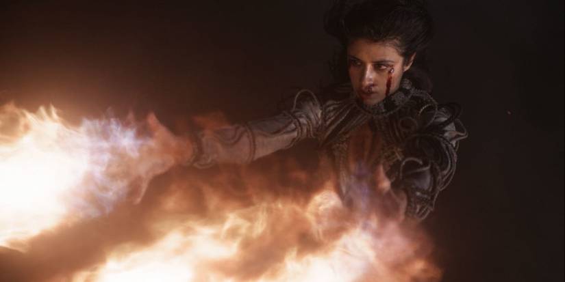 Yennefer the sorceress casts waves of fire.