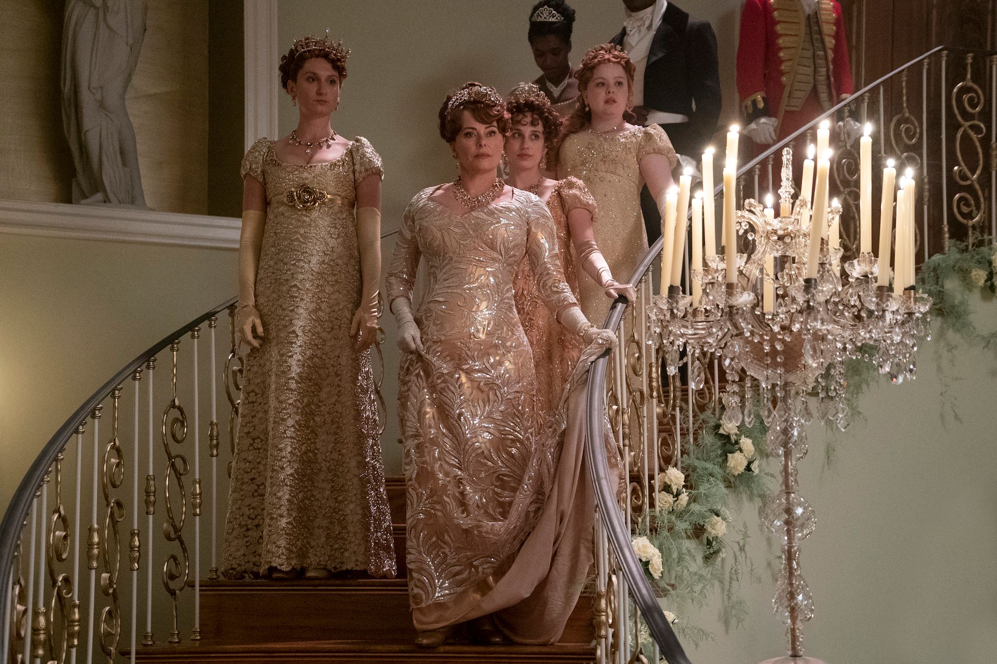 Bessie Carter as Prudence Featherington, Polly Walker as Lady Portia Featherington, Harriet Cains as Philipa Featherington, Nicola Coughlan as Penelope Featherington in Bridgerton Season 2