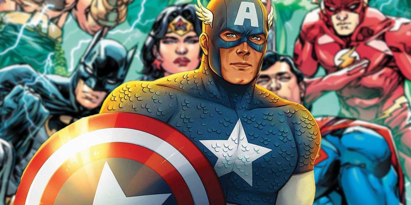 Comic book art: Captain America in front of the Justice League.