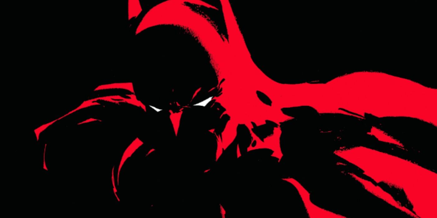 Batman&rsquo;s neon-red silhouette in Dark Victory cover art.