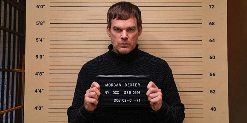 Dexter Morgan posing for a mugshot in Dexter: New Blood