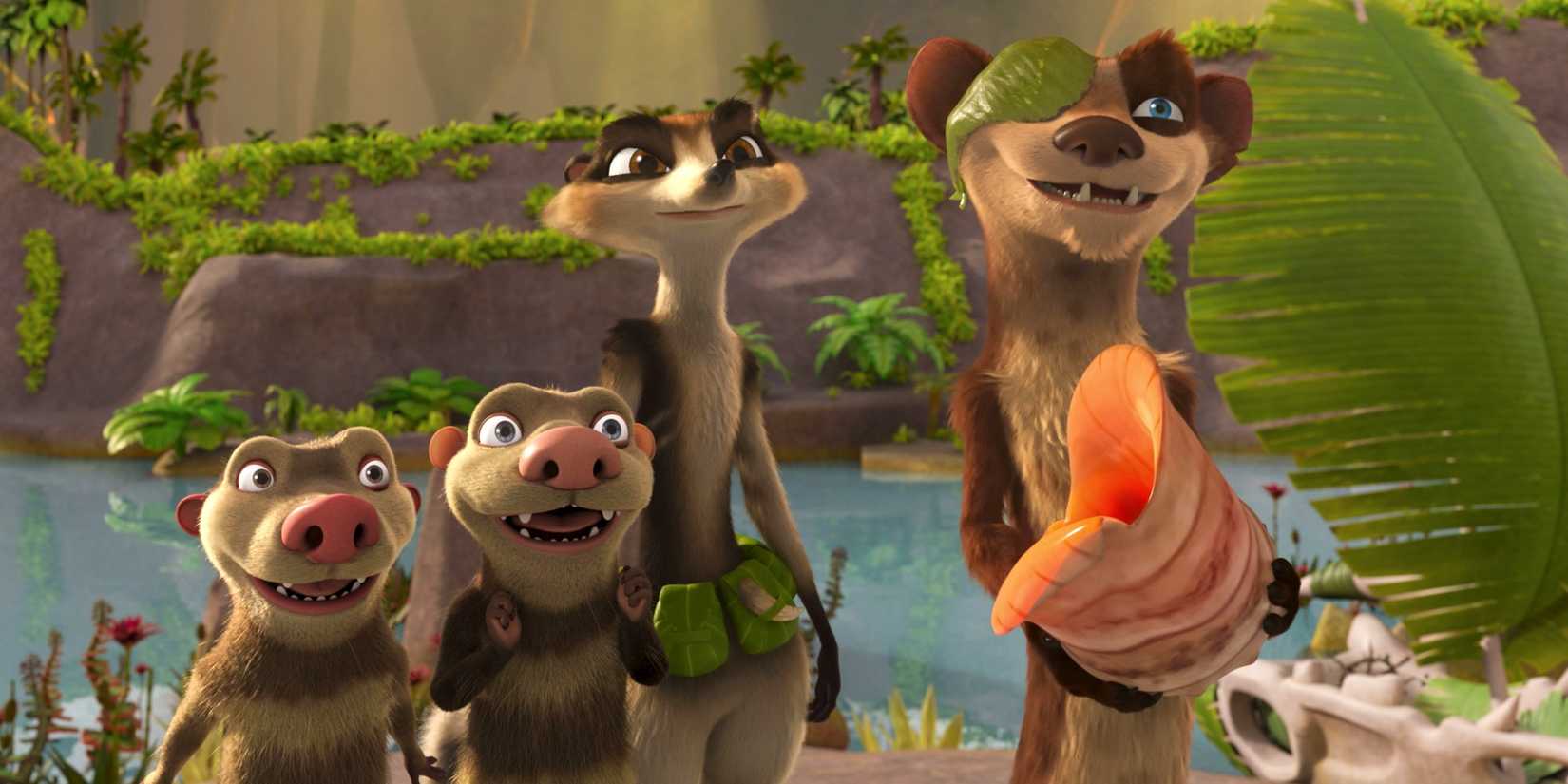 Buck Wild holds a shell while other varmints look on in The Ice Age Adventures of Buck Wild