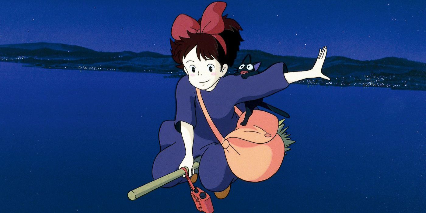 Kiki flies on her broom over the ocean in Kikis Delivery Service