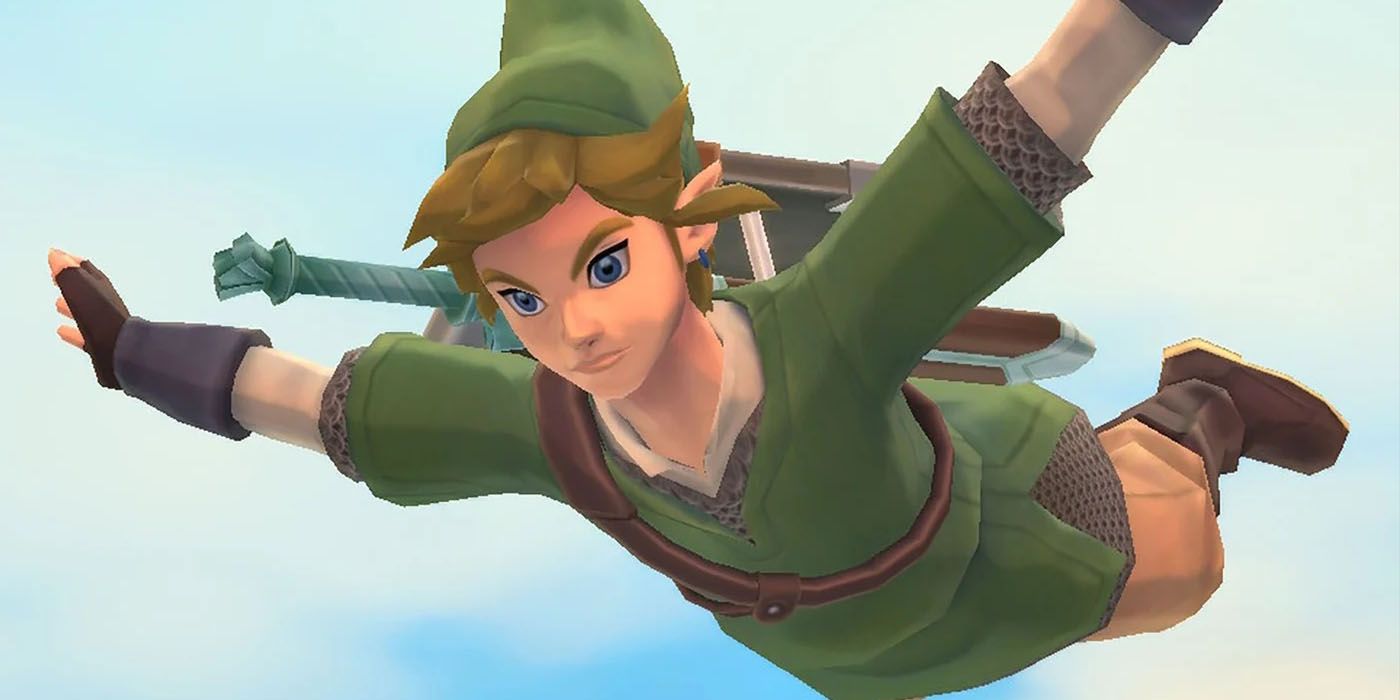 Link skydiving dengan tangan terentang di The Legend of Zelda: Skyward Sword.