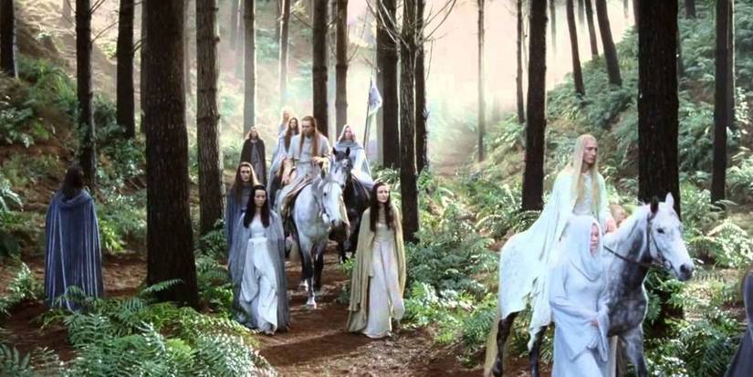 The elves journeying through the forest in Lord of the Rings