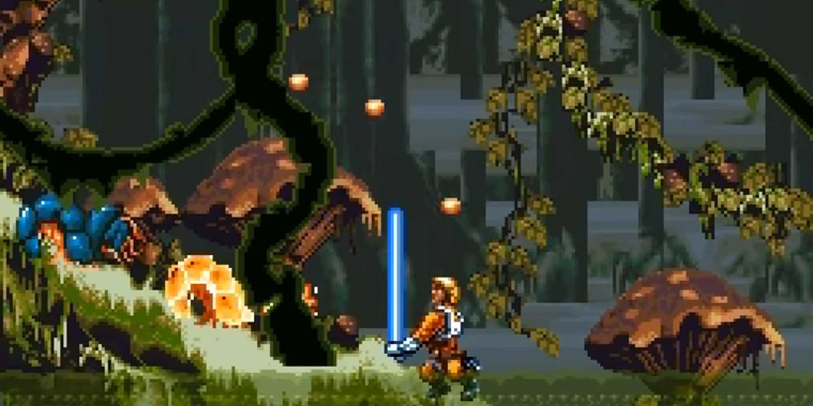 Luke Skywalker battling the local fauna on Dagobah in Super Star Wars The Empire Strikes Back