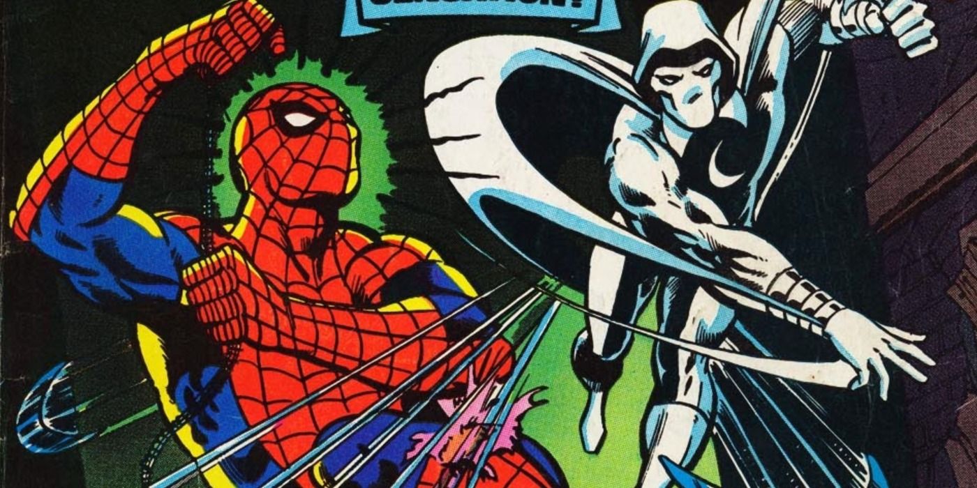 Moon Knight fights Spider Man in Marvel Comics.