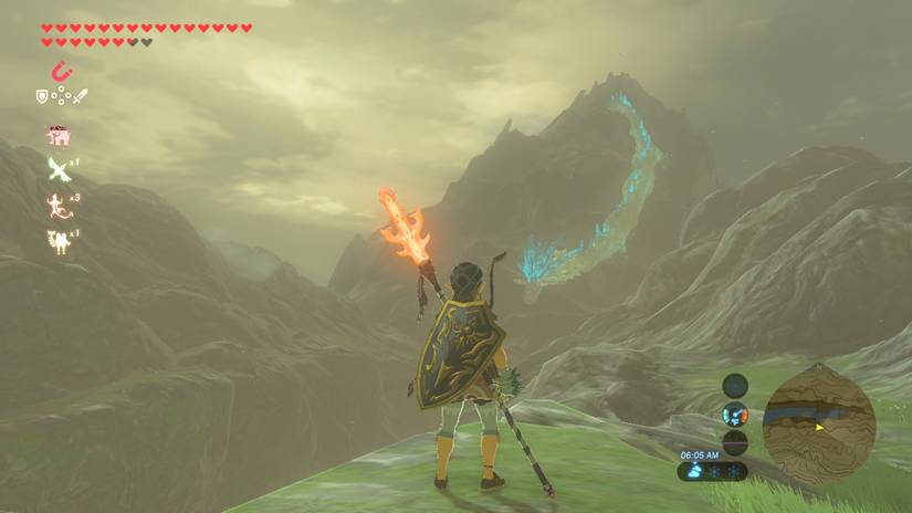Link looking at the dragon Naydra at the Lanayru Promenade in Breath of the Wild.