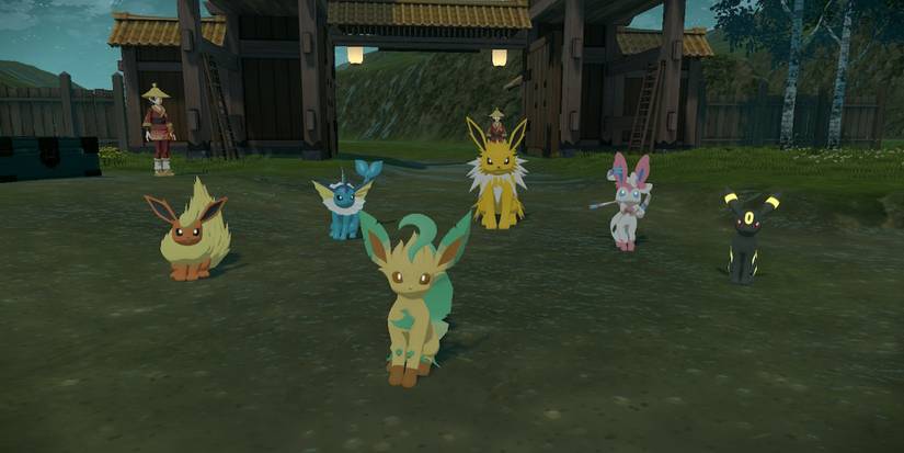 All the forms of Eevee in Pokemon Legends: Arceus sitting in the grass next to each other