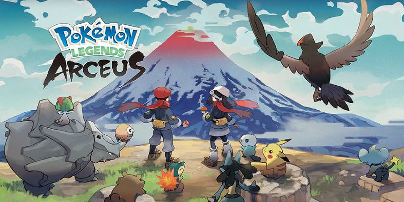 Pokemon Legends Arceus's promo art has two trainers and their Pokemon standing before a volcano.