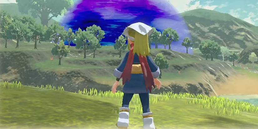 Akari facing a space-time distortion in Pokémon Legends Arceus