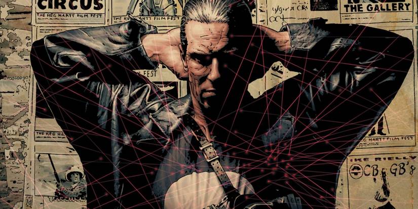 Frank Castle surrendering as guns have their red sights trained on him in The Punisher MAX