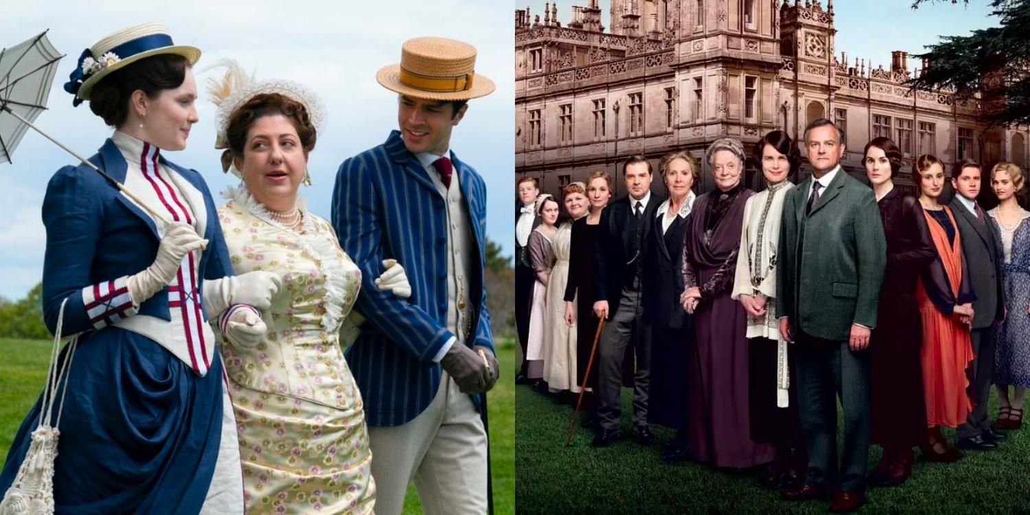 Tres personas caminando juntas en The Gilded Age y el elenco principal juntos afuera de Downton Abbey