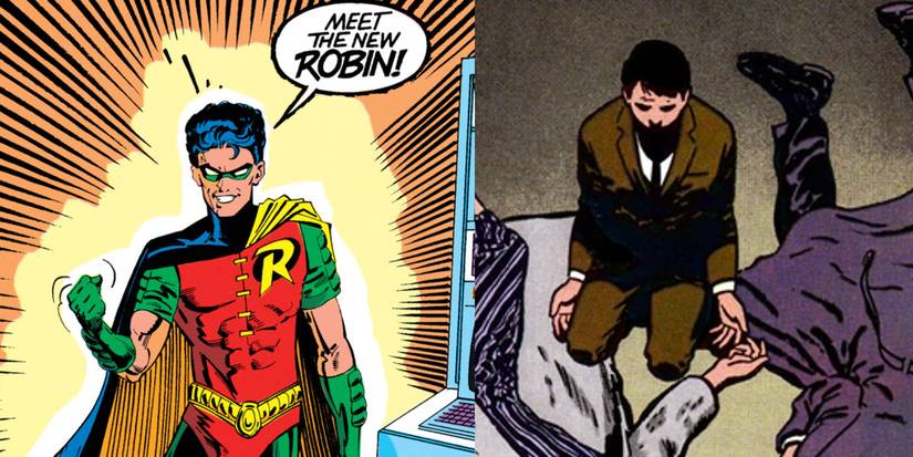 Tim Drake's debut as Robin in Batman $457 and Bruce Wayne and his dead parents in Batman Year One.