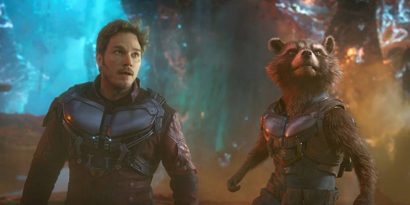 Peter Quill and Rocket Raccoon in space in Guardians of the Galaxy