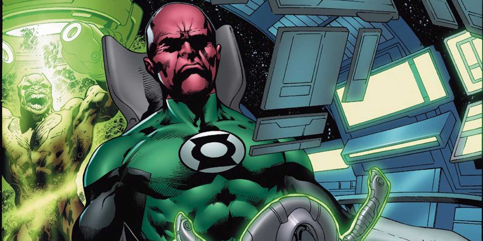 Abin Sur as Green Lantern transporting a prisoner on a ship in DC comics