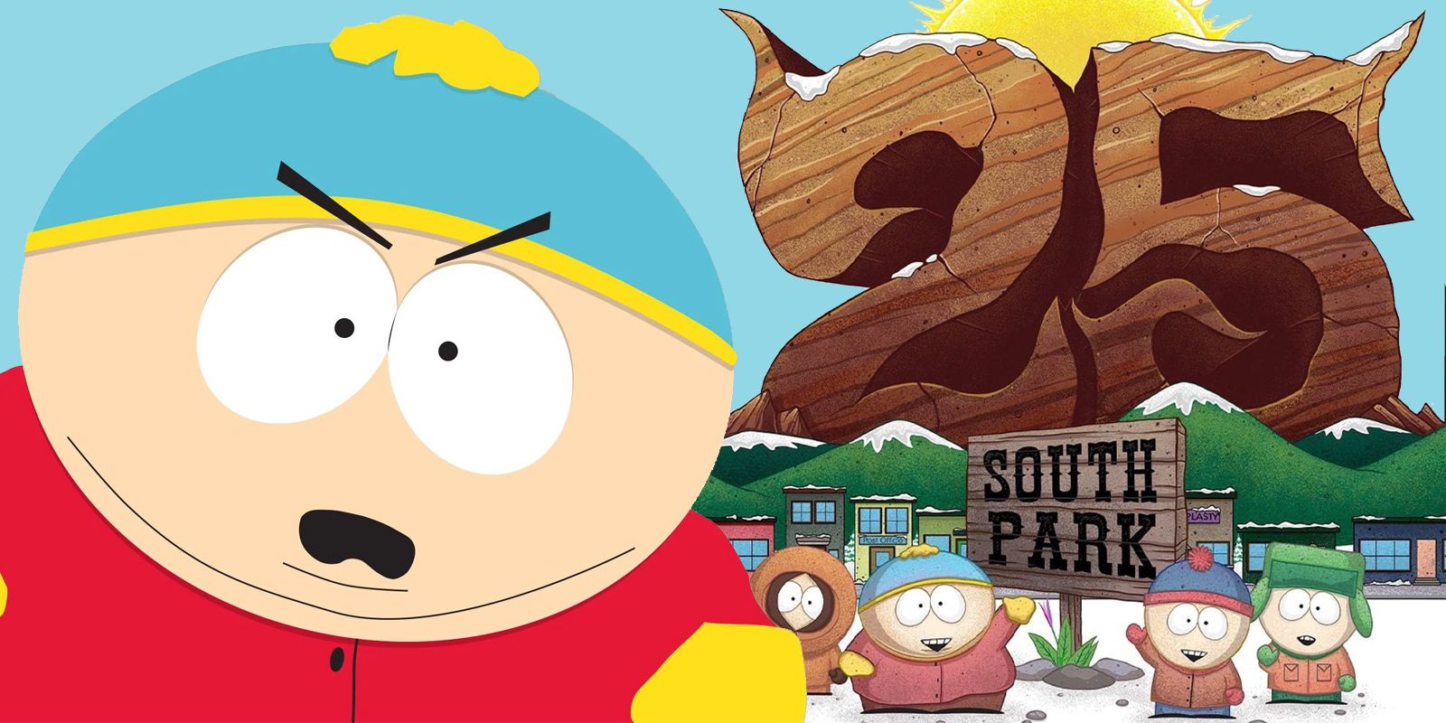 Cartman in front of the South Park Season 25 logo