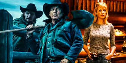 A composite image of John Dutton standing with a shovel in front of Rip leaning against a fence and Beth with a glass of win in Yellowstone