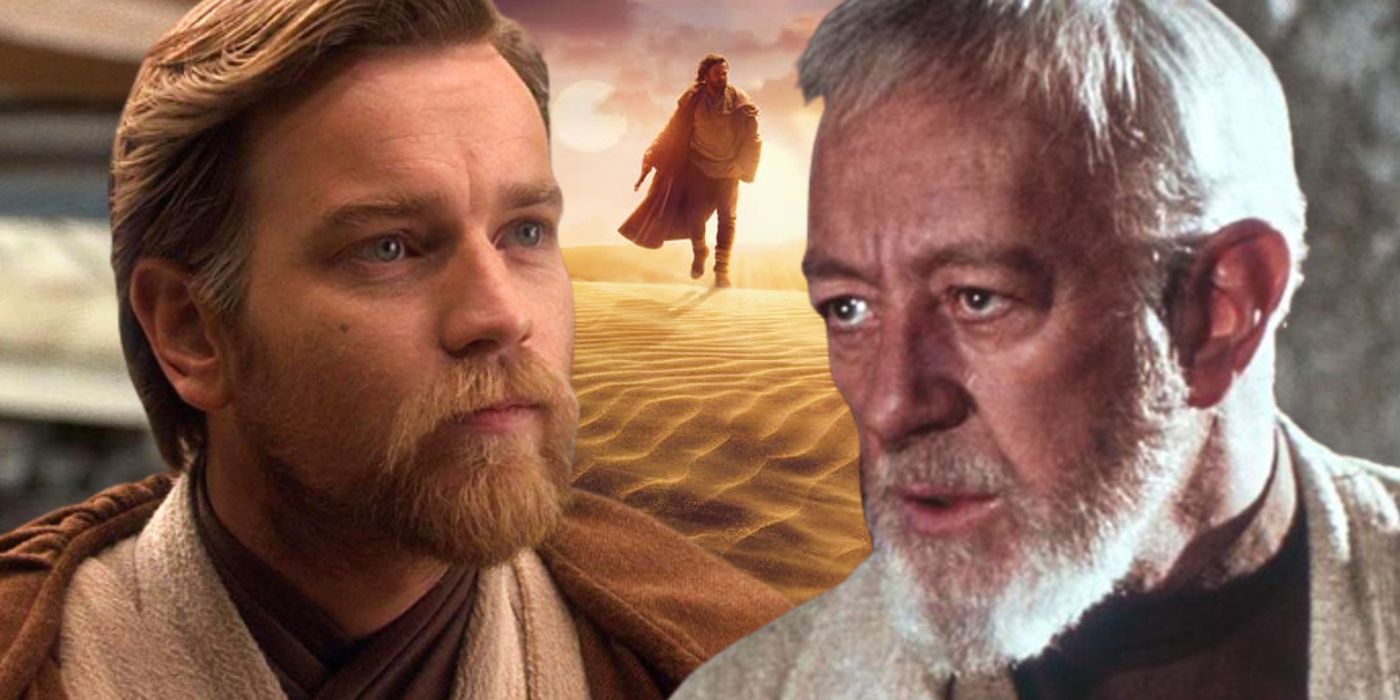 Ewan McGregor as Obi Wan Kenobi in Revenge of the Sith and Alec Guinness in A New Hope