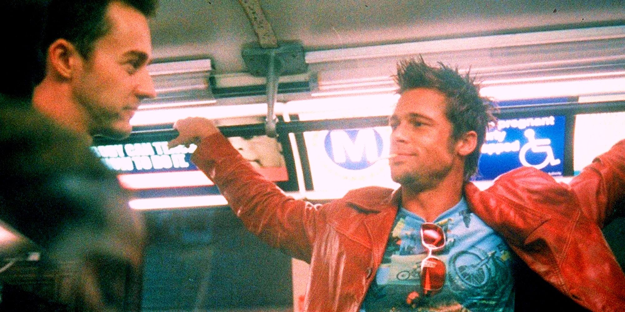Fight Club 1999 Narrator and Tyler Durden Smiling At Each Other On Bus