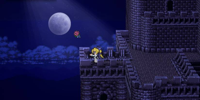 Celes performs an opera in Final Fantasy 6. There is a bouquet flying into the night sky after she tosses it. The full moon shines bright in the background while she stands on the edges of a castle wall.