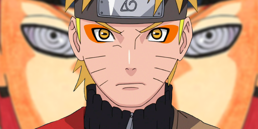 Image shows Sage Naruto above the shoulders with orange markings along his eyes while an image of Pain's face is in the background.