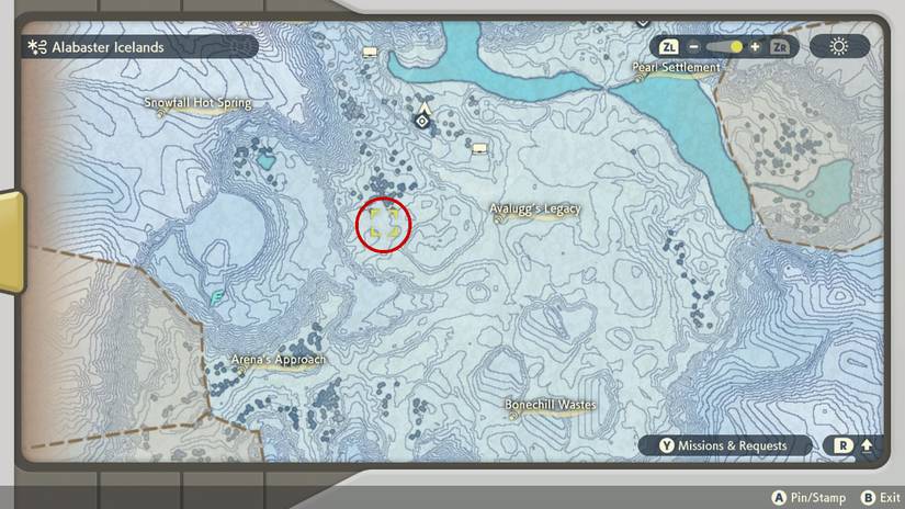 Zeke's location in the Alabaster Icelands in Pokemon Legends: Arceus.