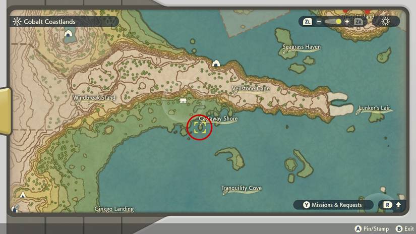 Wanda's location in the Cobalt Coastlands in Pokemon Legends: Arceus.